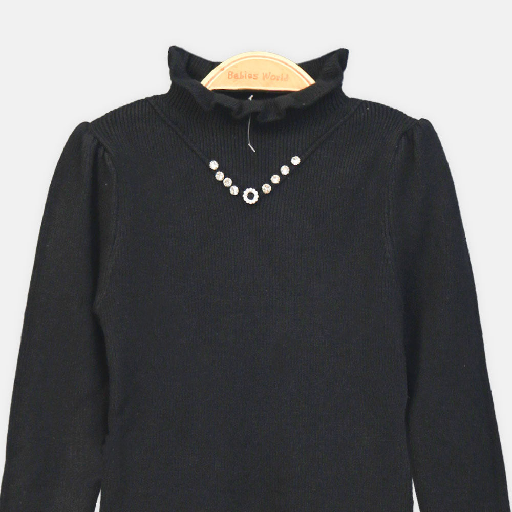 GIRL HI-NECK SWEATER BLACK V-NECK EMBELLISHED
