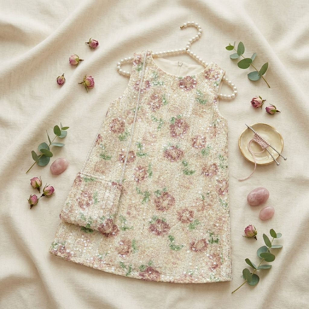 BABY GIRL FLORAL SEQUIN DRESS WITH MATCHING PURSE