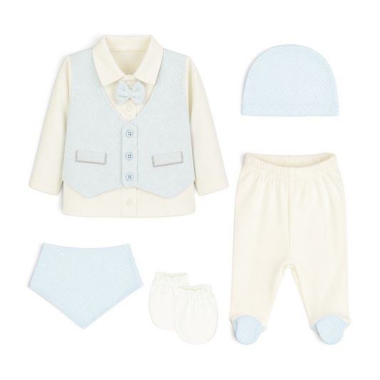 CREAM AND LIGHT BLUE VEST-STYLE BABY BOY GIFT SET