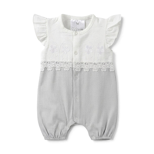 BABY GIRL LACE TRIM & FLORAL EMBROIDERY ROMPER