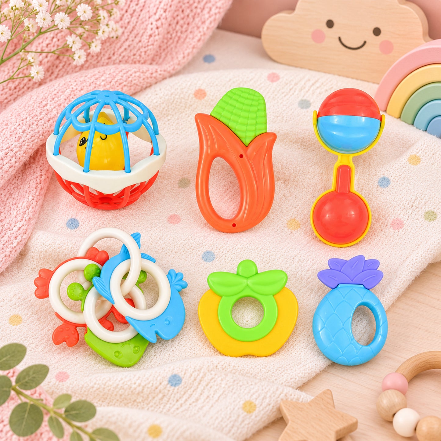 BABY TEETHING RATTLE & GRASPING TOYS SET