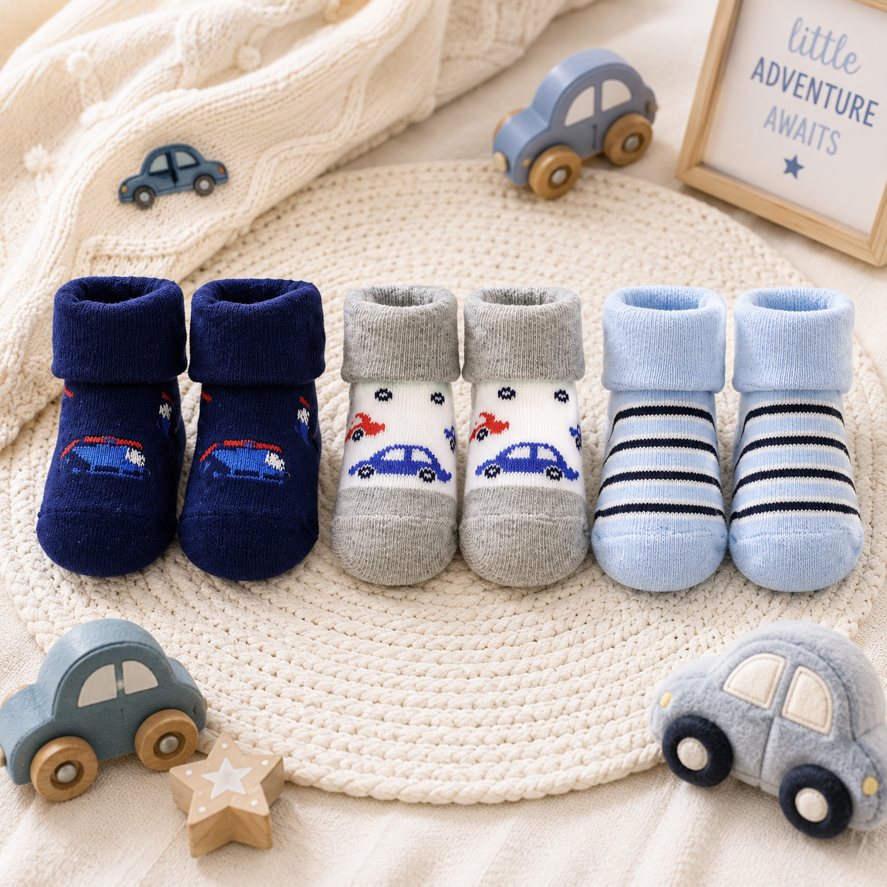 BABY CAR PRINT & STRIPE BOOTIES PK-3