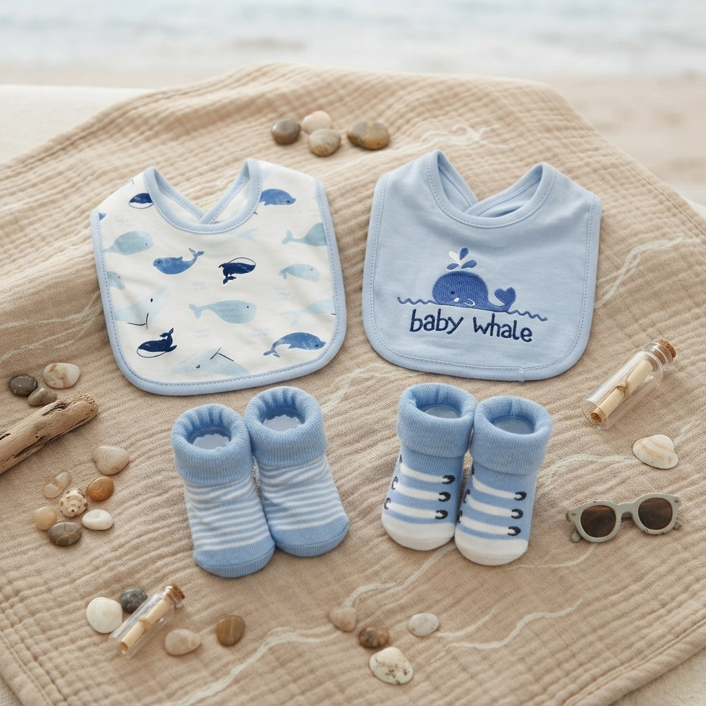 "BABY WHALE" INFANT BIBS PK-2 & 2 BOOTIES