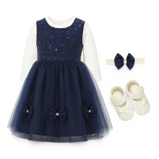 NAVY BLUE BABY GIRL FANCY FROCK GIFT SET