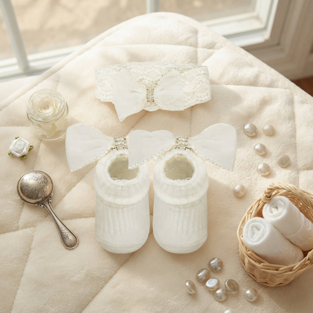 ELEGANT WHITE INFANT BOOTIES & HAIR BAND