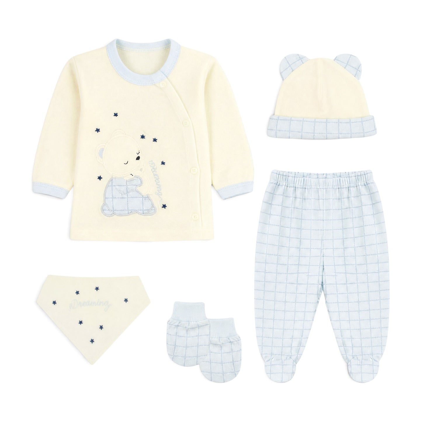 BLUE GRID AND CREAM SLEEPING BEAR BABY BOY GIFT SET