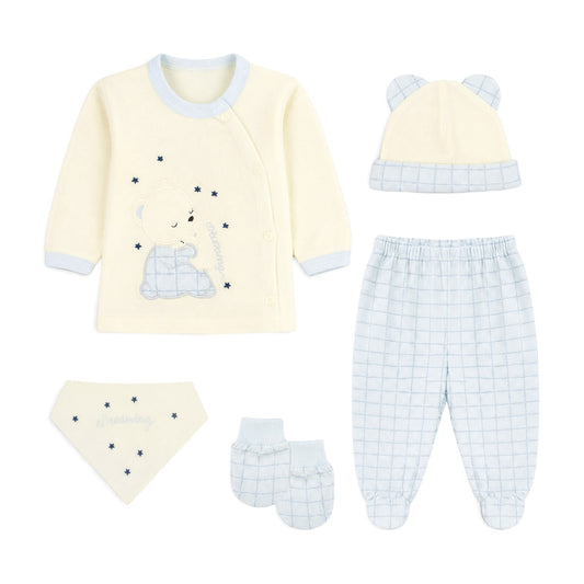 BLUE GRID AND CREAM SLEEPING BEAR BABY BOY GIFT SET