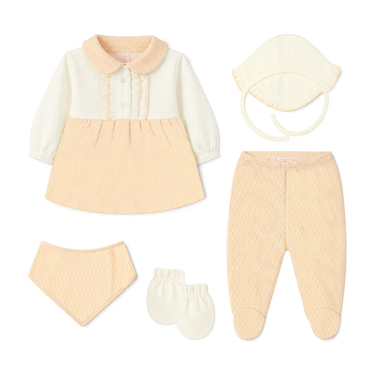CREAM AND PEACH RUFFLE-FRONT BABY GIRL GIFT SET