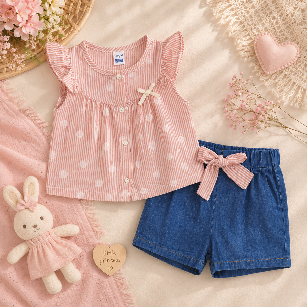 PINK STRIPED BLOUSE & DENIM SHORTS