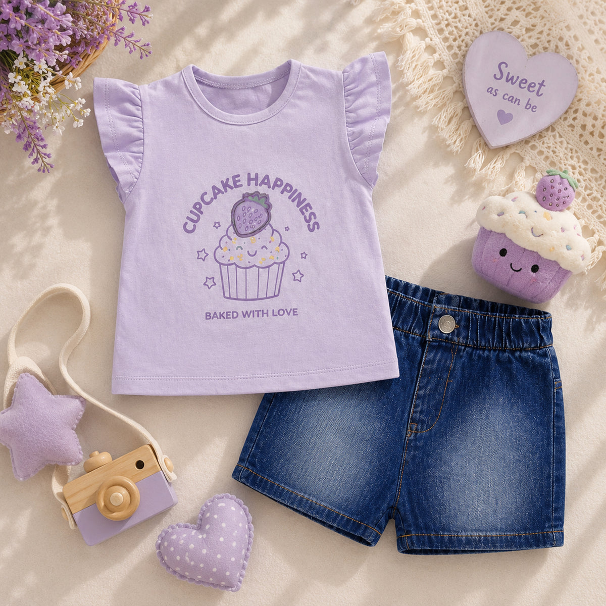LAVENDER CUPCAKE "BAKED WITH LOVE" AND DENIM SHORTS BABY GIRL OUTFIT