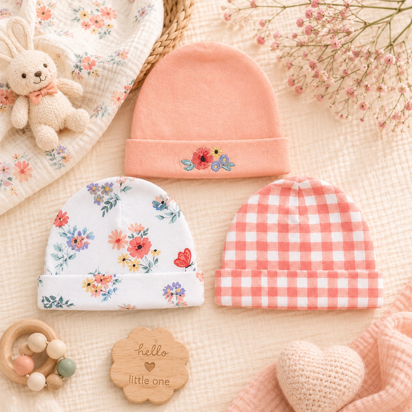FLORAL INFANT BABY CAPS PK-3