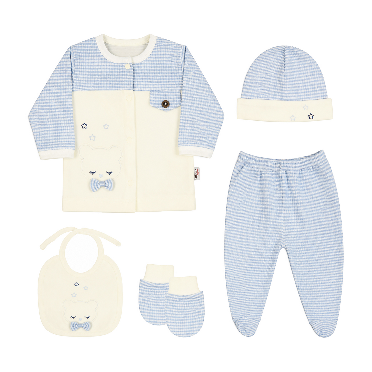 BLUE STRIPE AND CREAM TEDDY BEAR BABY BOY GIFT SET