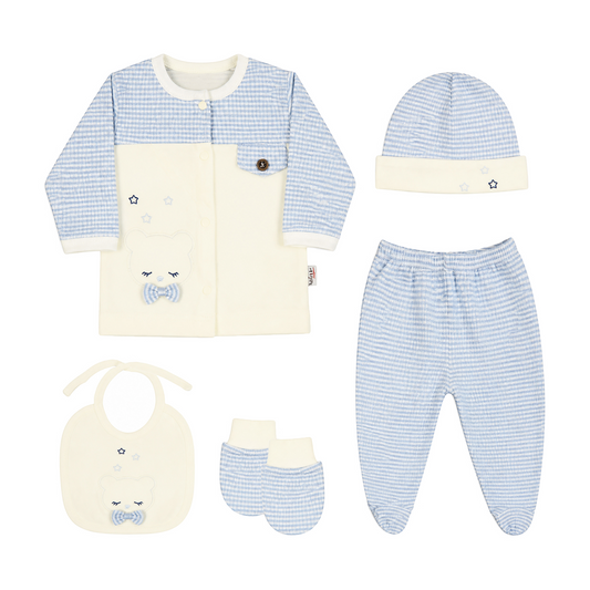 BLUE STRIPE AND CREAM TEDDY BEAR BABY BOY GIFT SET
