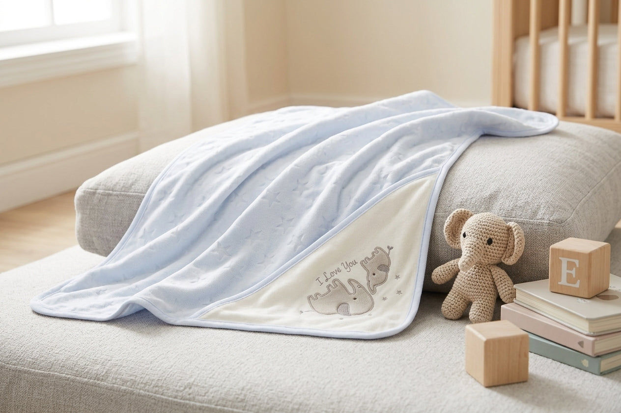 WHITE & LIGHT BLUE ELEPHANT "I LOVE YOU" BLANKET