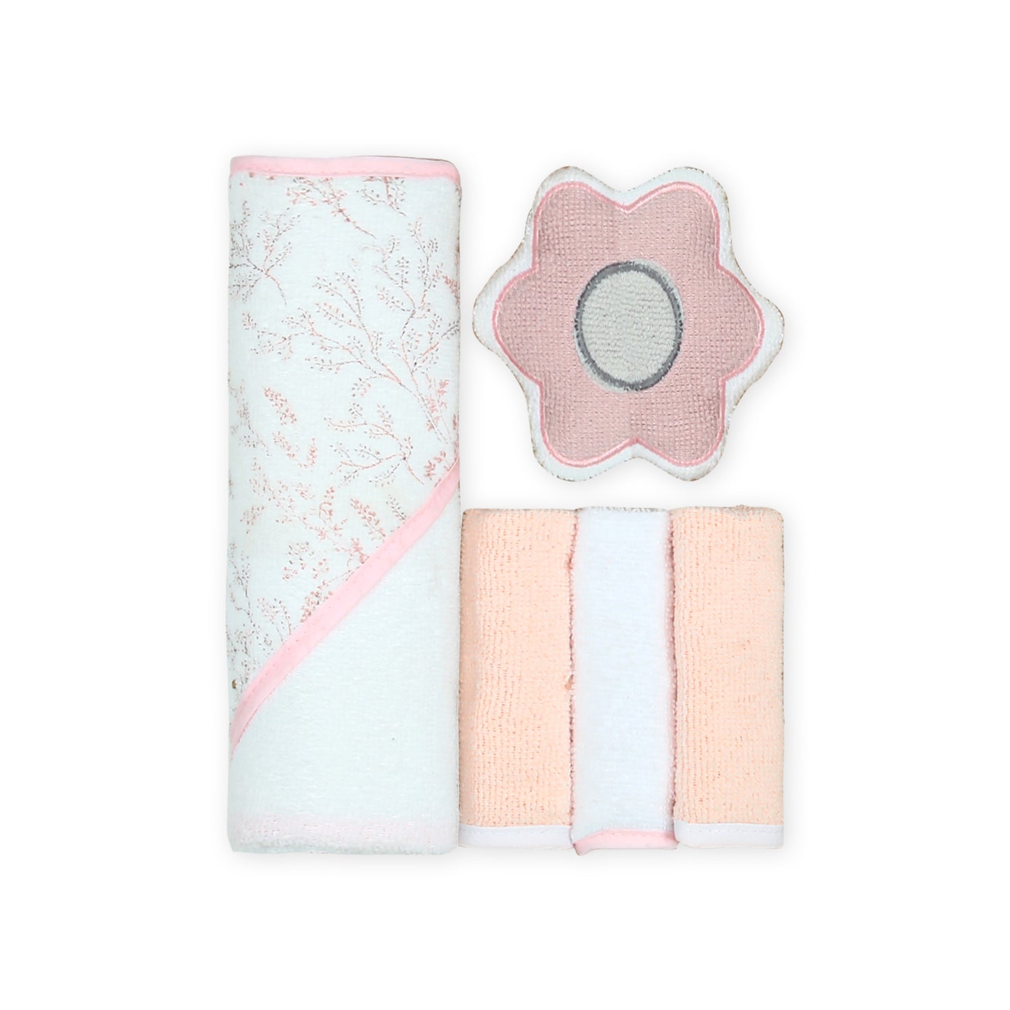 BATH TOWEL & 3 FACE TOWELS WITH SPONGE PETAL PUSH BUNDLE