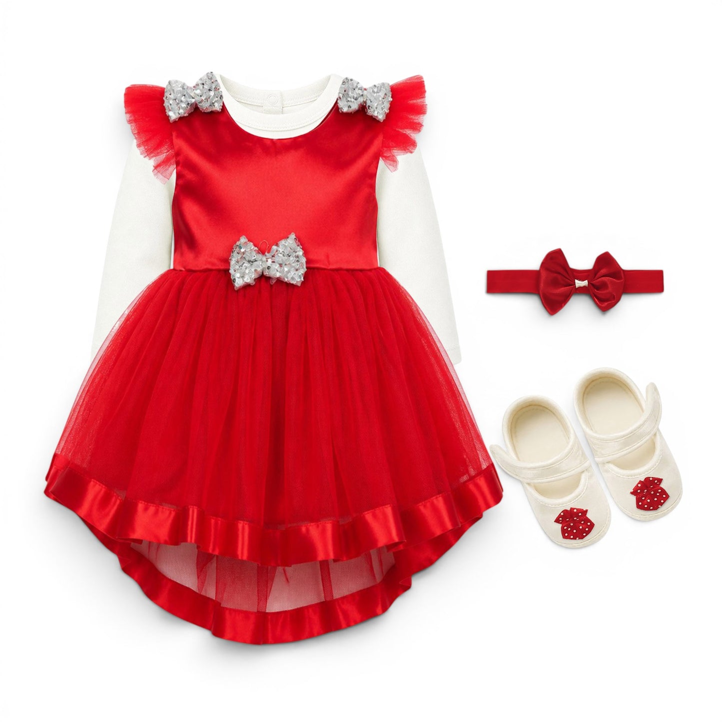 RED SEQUIN BOW BABY GIRL FANCY FROCK GIFT SET