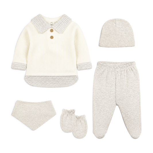 CREAM AND HEATHER GREY COLLARED BABY BOY GIFT SET