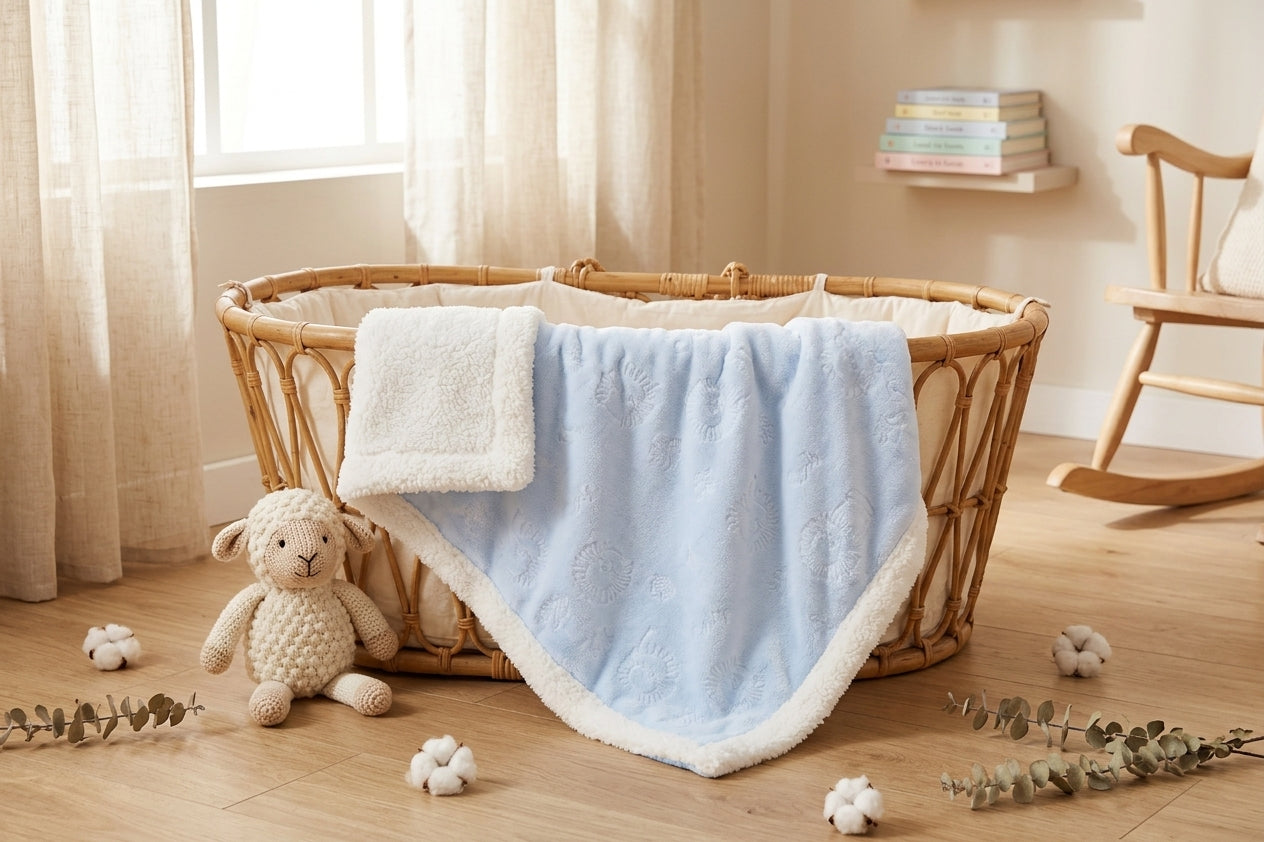 LIGHT BLUE LION EMBOSSED WITH WHITE SHERPA BORDER BLANKET