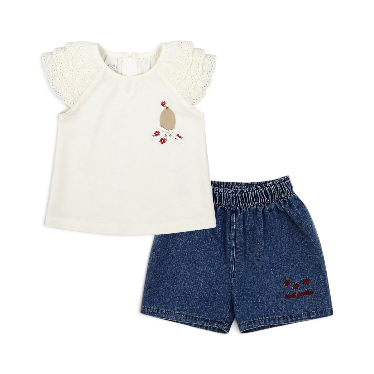 WHITE LACE-SLEEVE AND "BIRD GARDEN" DENIM SHORTS BABY GIRL OUTFIT
