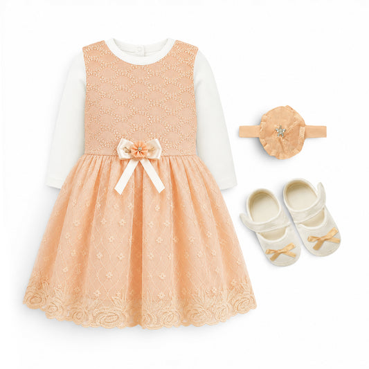 PEACH LACE BABY GIRL FANCY FROCK GIFT SET