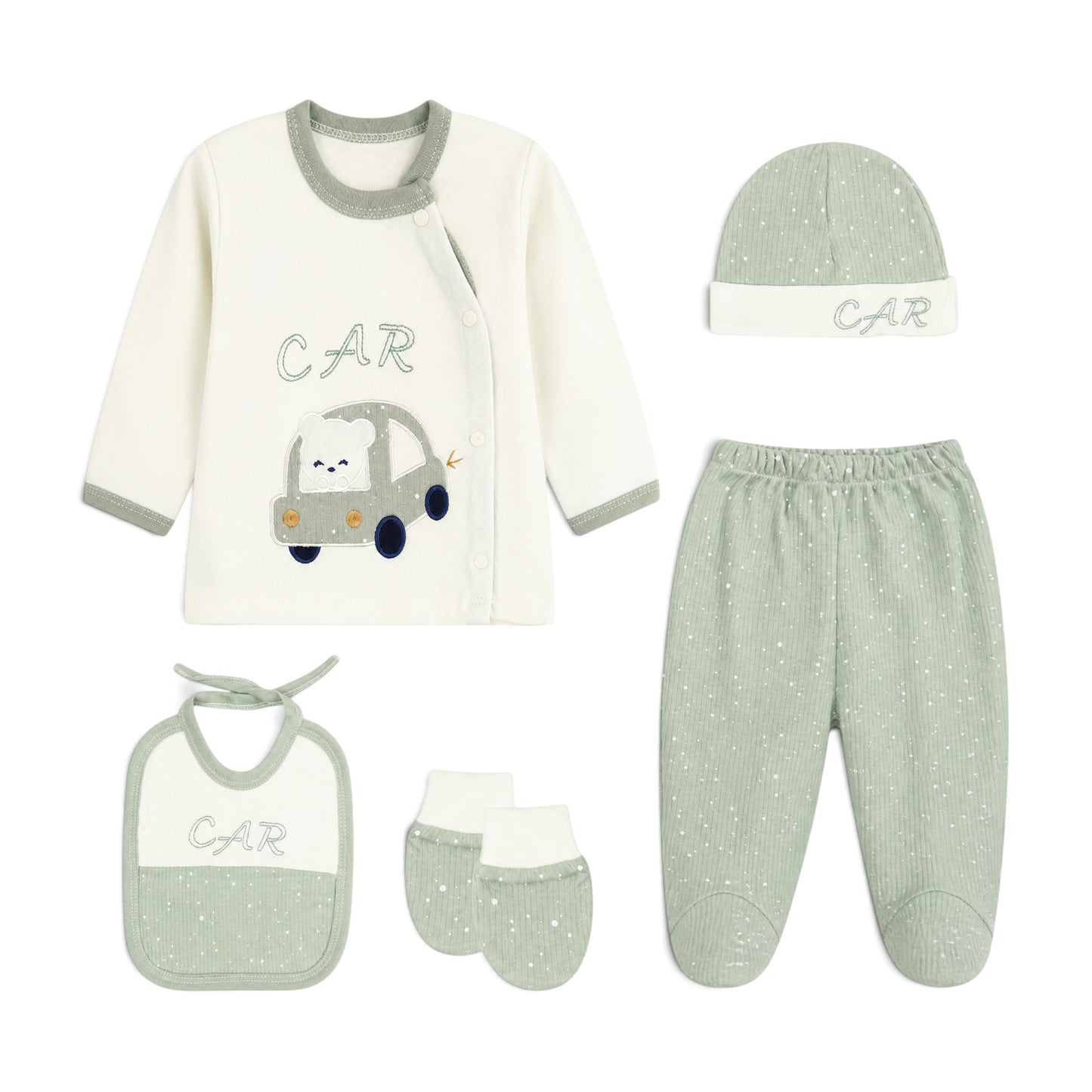 CREAM AND SAGE GREEN "CAR" BEAR BABY BOY GIFT SET