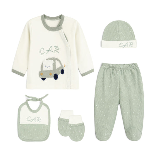 CREAM AND SAGE GREEN "CAR" BEAR BABY BOY GIFT SET