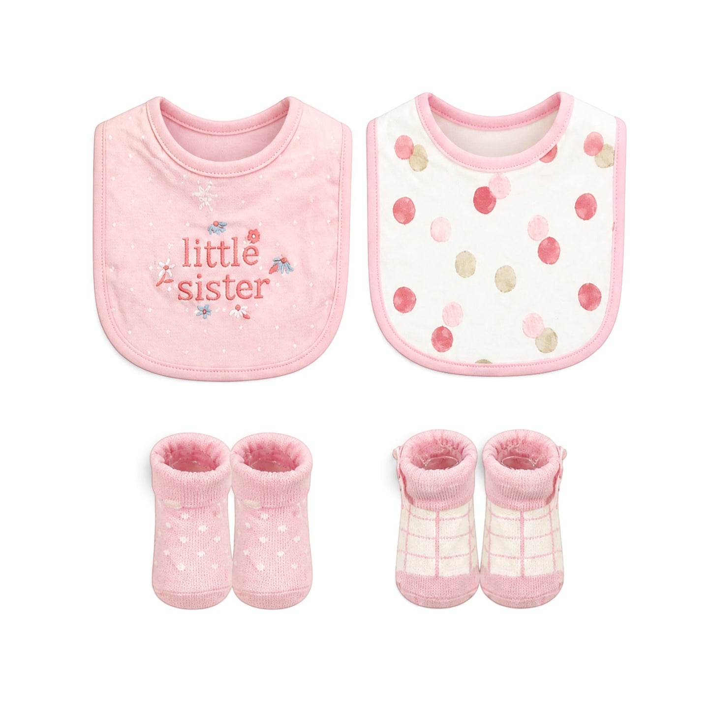 "LITTLE SISTER" INFANT BIBS PK-2 & 2 BOOTIES