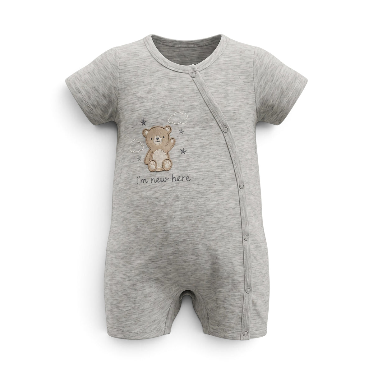 GREY "I'M NEW HERE" BEAR ROMPER