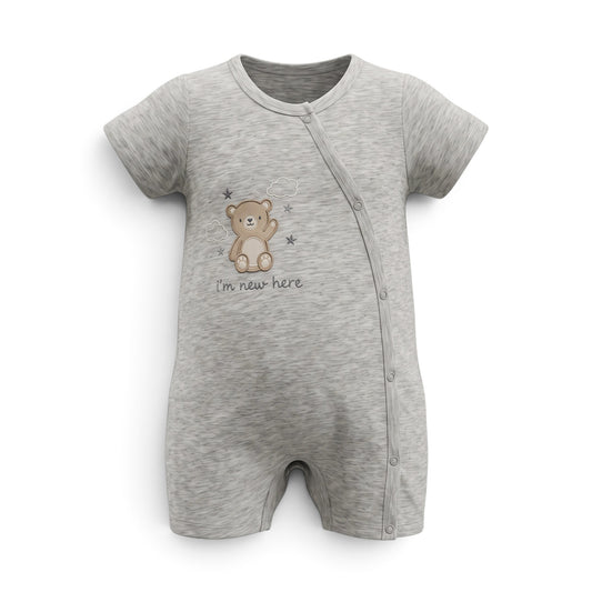 GREY "I'M NEW HERE" BEAR ROMPER