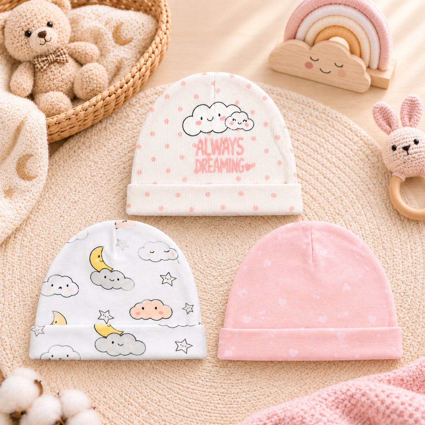 MOON AND CLOUD INFANT BABY CAPS PK-3