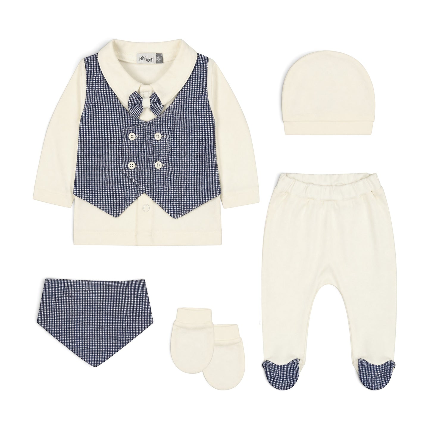 CREAM AND NAVY BLUE GINGHAM VEST BABY BOY GIFT SET