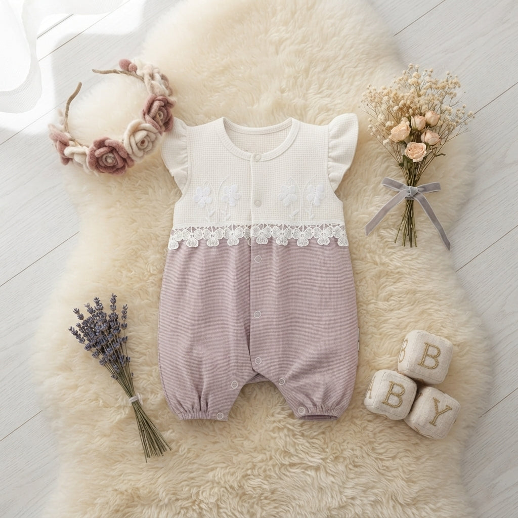 CREAM & PINK FLORAL LACE-TRIM ROMPER