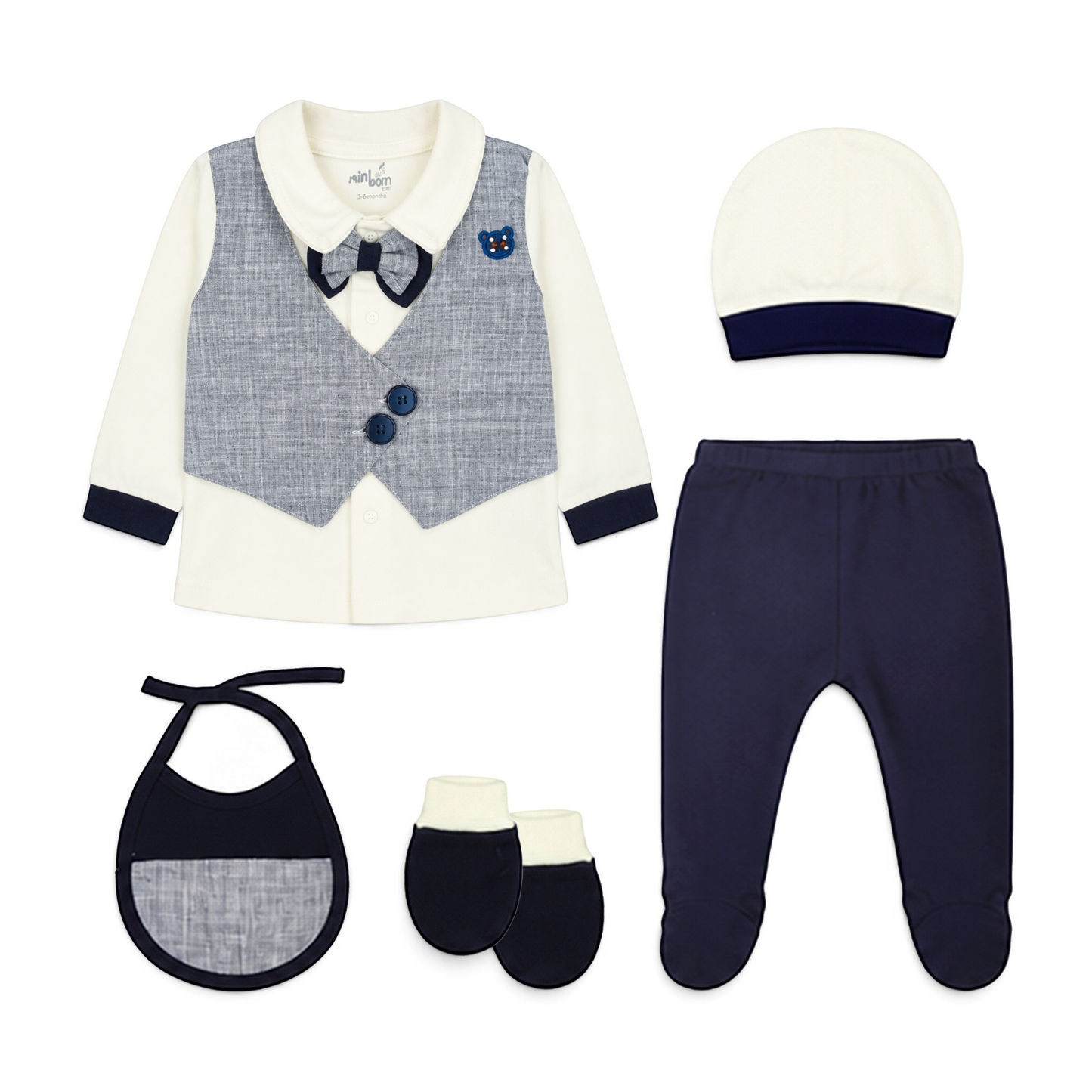 CREAM AND NAVY BLUE VEST BABY BOY GIFT SET