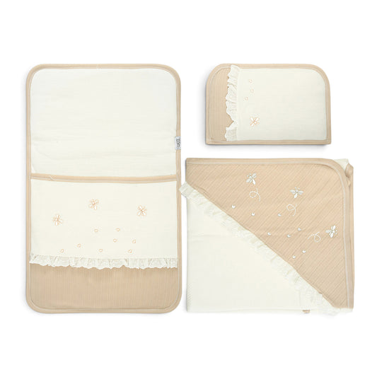 WHITE AND BEIGE EMBROIDERED LACE SLEEPING SET