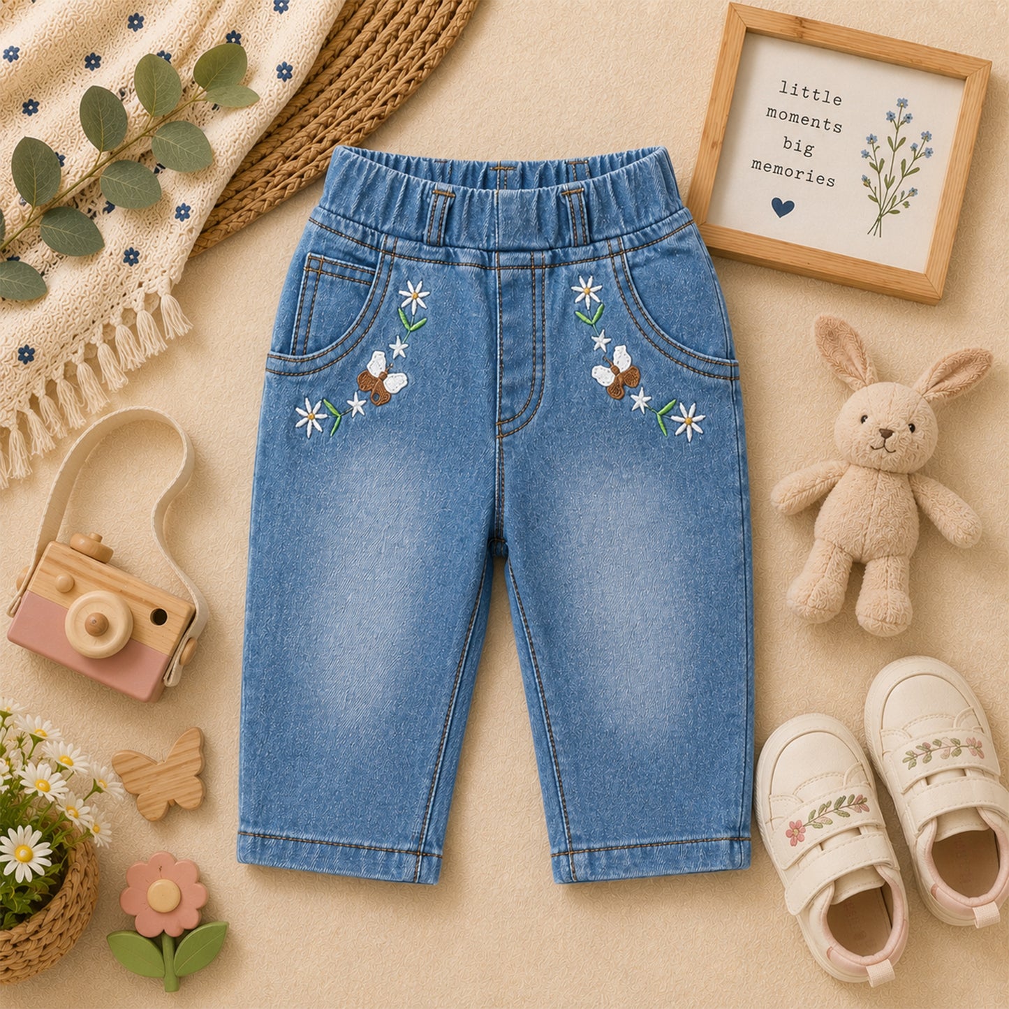 BABY GIRL LIGHT WASH EMBROIDERED DENIM JEANS (CAPRI)