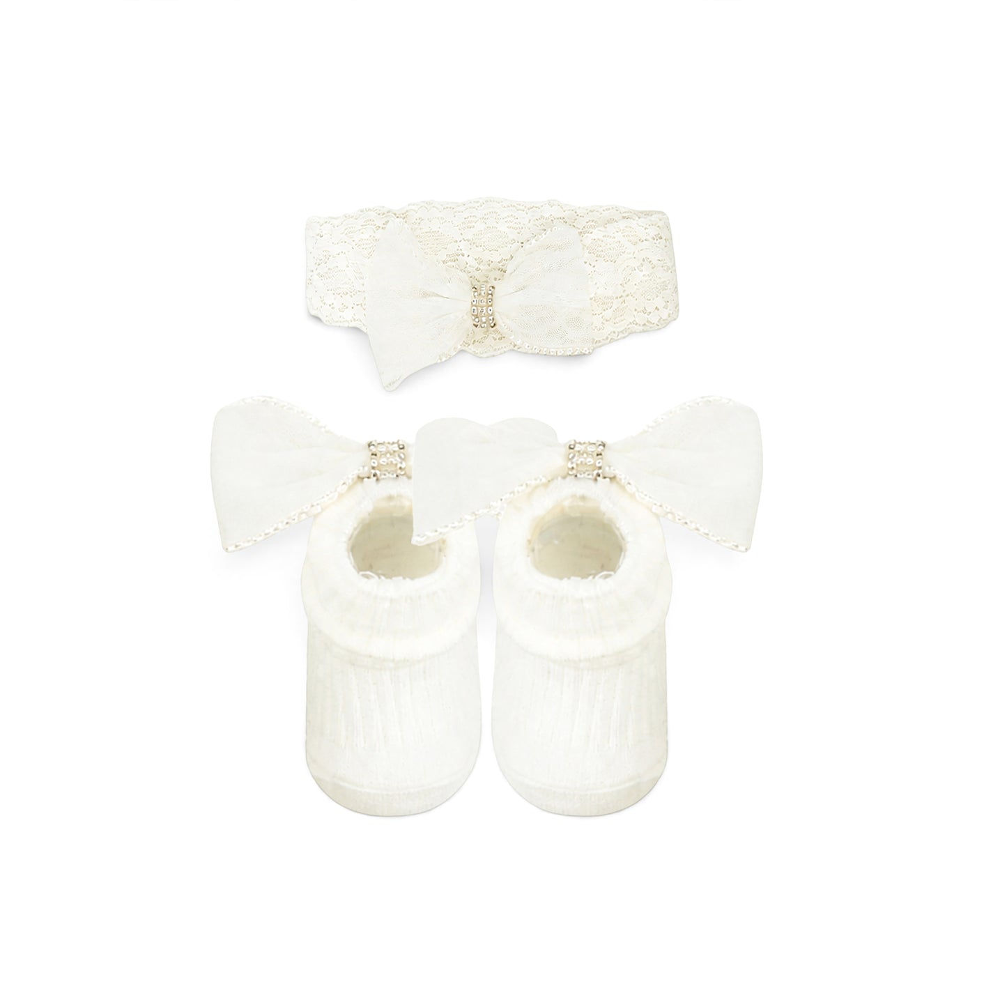 ELEGANT WHITE INFANT BOOTIES & HAIR BAND