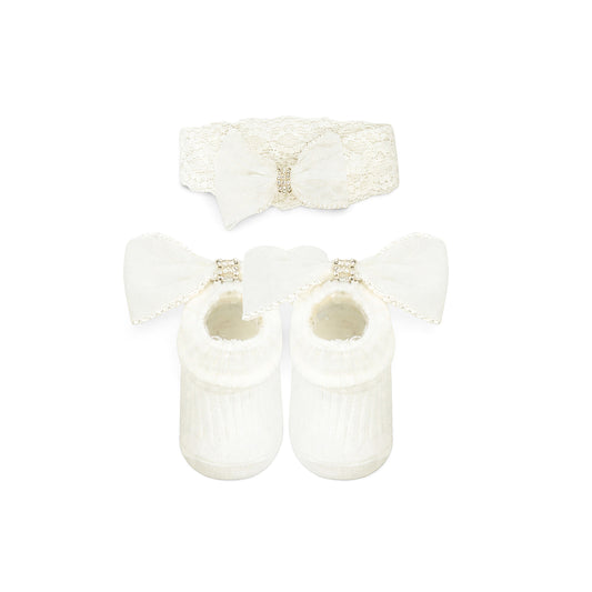 ELEGANT WHITE INFANT BOOTIES & HAIR BAND