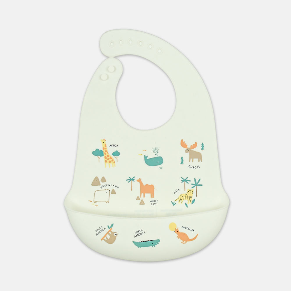 SILICONE BIB GLOBAL ANIMAL WHITE