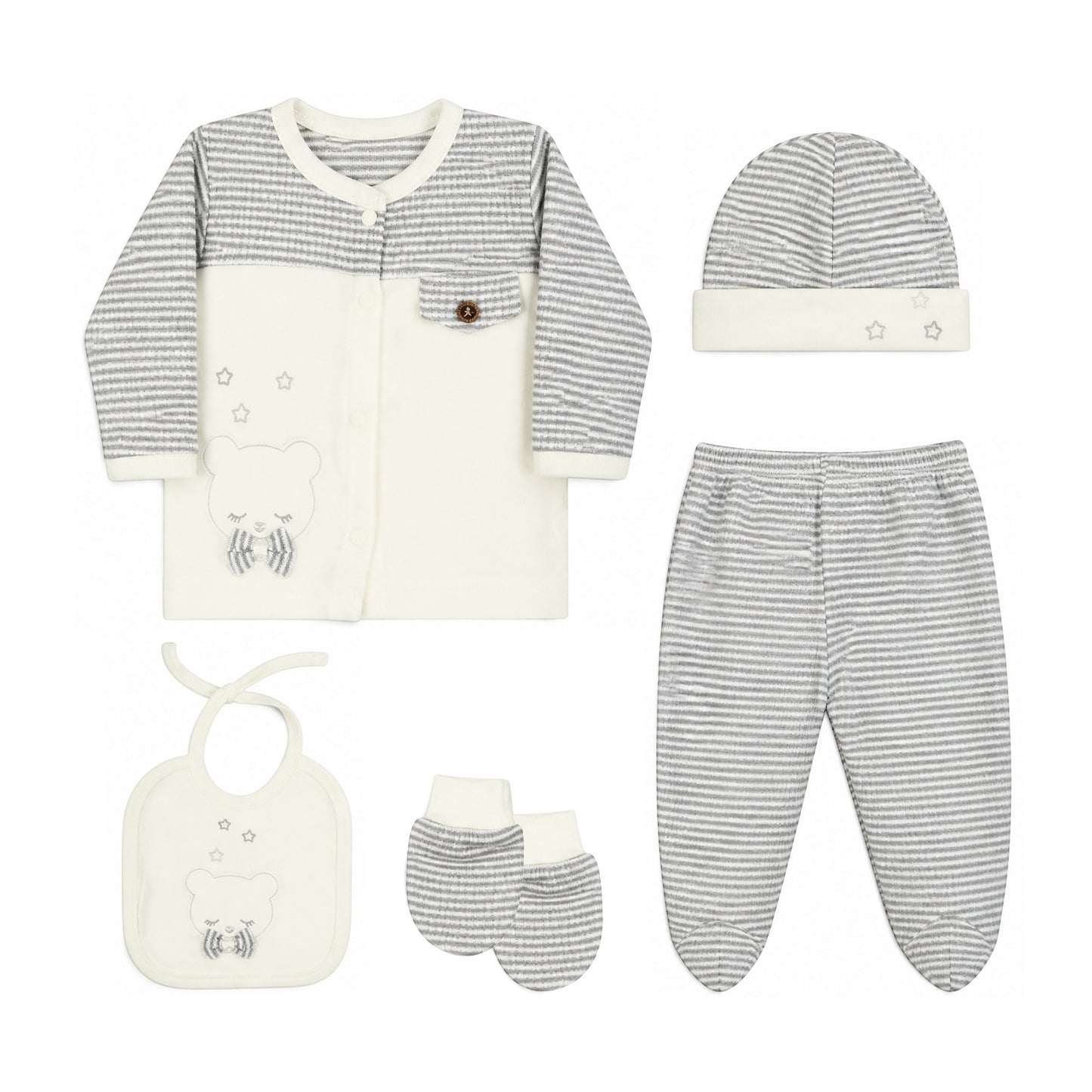 GREY STRIPE AND CREAM TEDDY BEAR BABY BOY GIFT SET