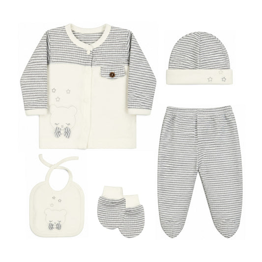 GREY STRIPE AND CREAM TEDDY BEAR BABY BOY GIFT SET