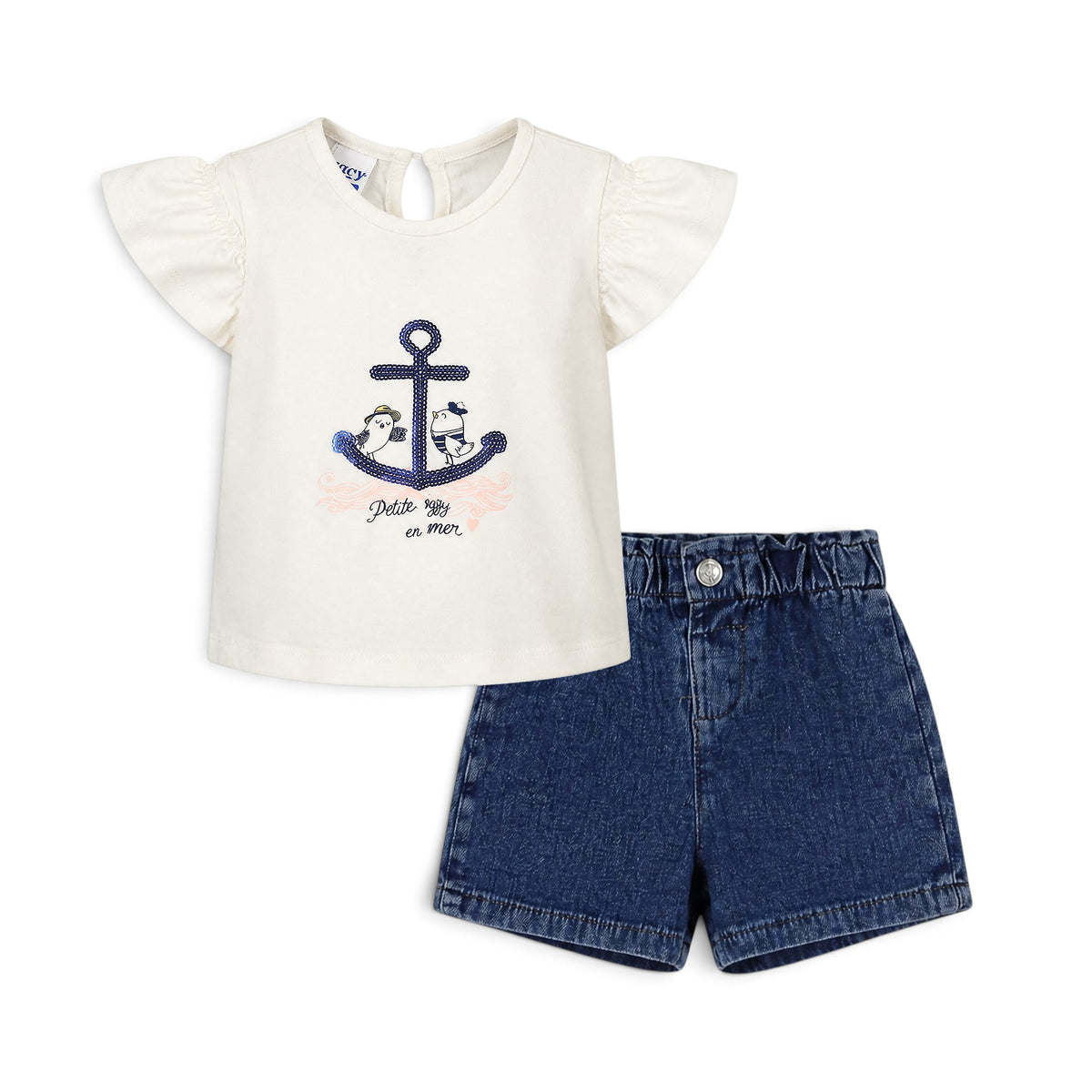 WHITE ANCHOR "PETITE IGGY EN MER" AND DENIM SHORTS BABY GIRL OUTFIT
