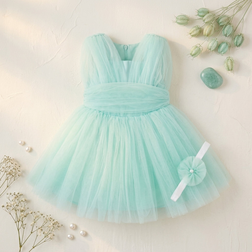 BABY GIRL MINT GREEN TULLE PARTY DRESS WITH HEADBAND
