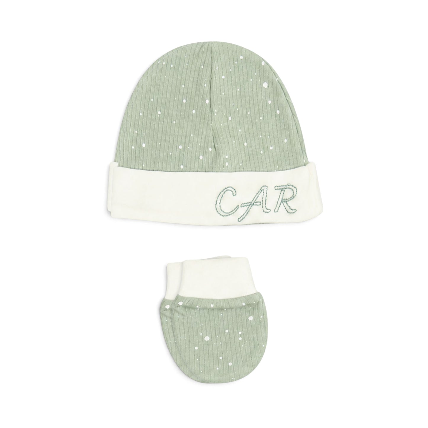 CREAM AND SAGE GREEN "CAR" BEAR BABY BOY GIFT SET