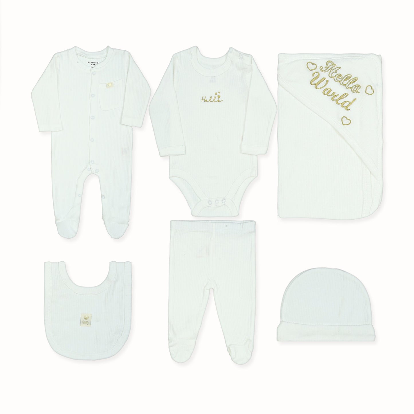 HELLO WORLD 5-PIECE LAYETTE SET (WHITE) GIRL