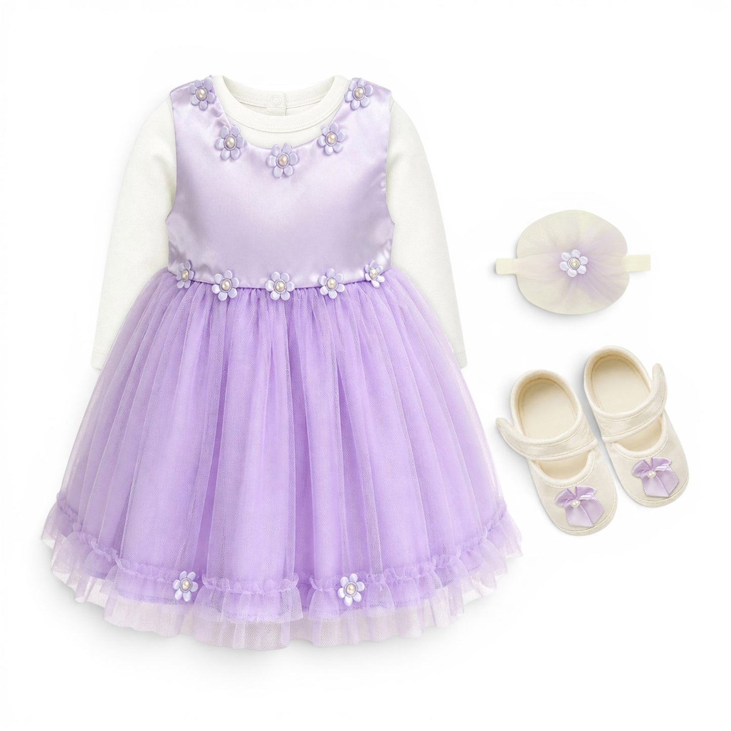 PURPLE FLORAL BABY GIRL FANCY FROCK GIFT SET