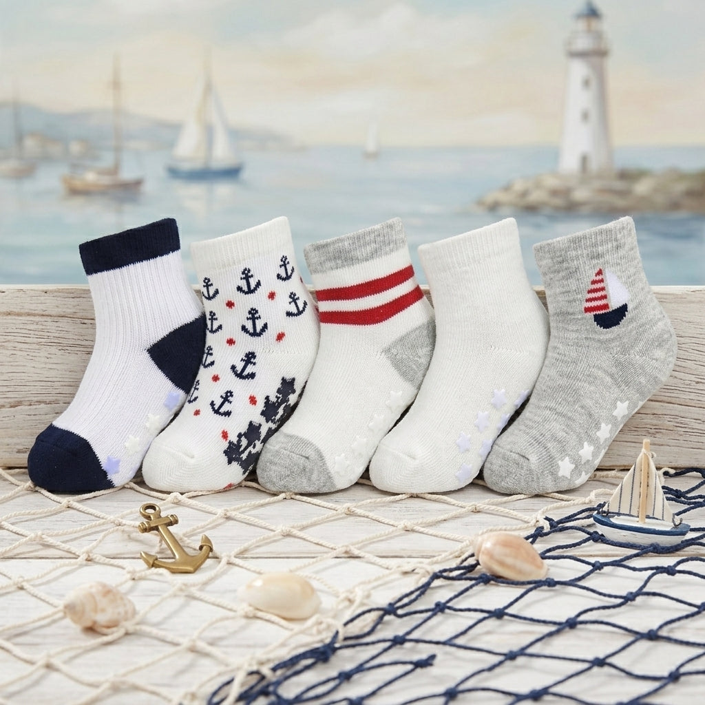 NAUTICAL ANCHOR GRIP BOY SOCKS PK-5