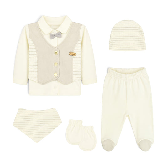 CREAM AND GREY VEST-STYLE BABY BOY GIFT SET