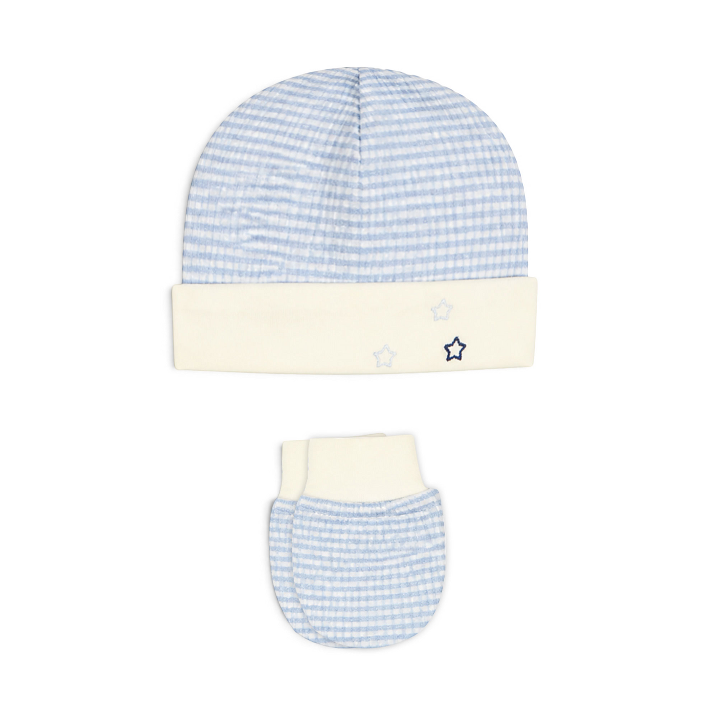 BLUE STRIPE AND CREAM TEDDY BEAR BABY BOY GIFT SET
