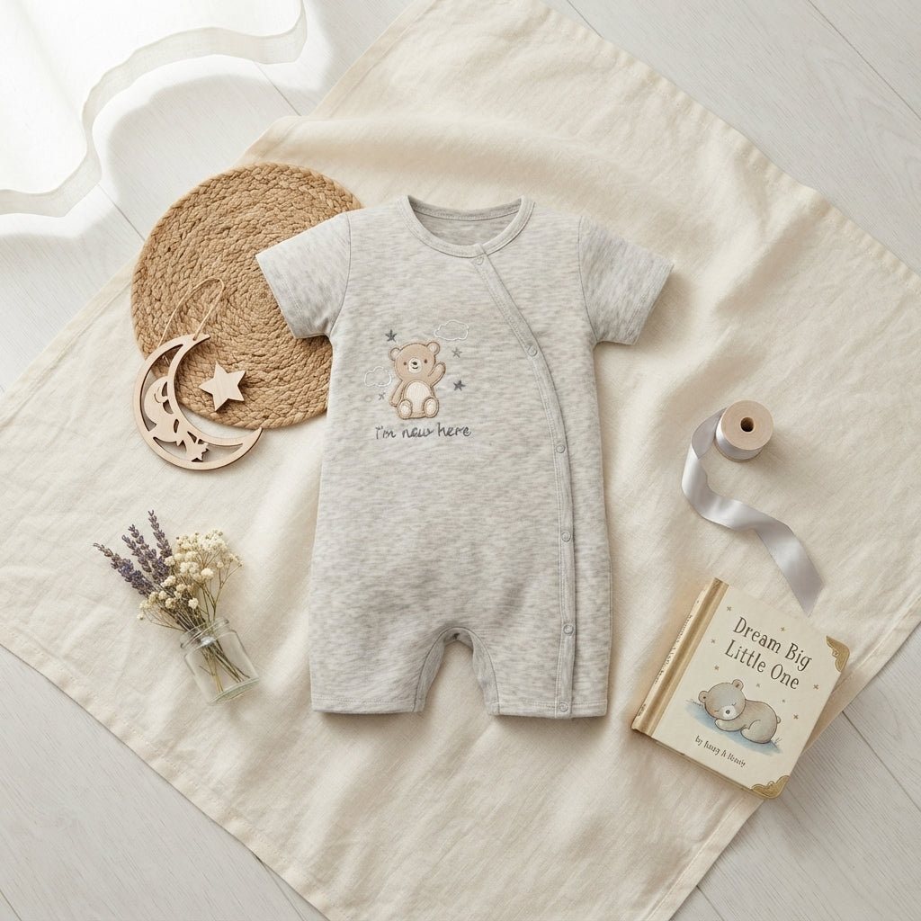 GREY "I'M NEW HERE" BEAR ROMPER