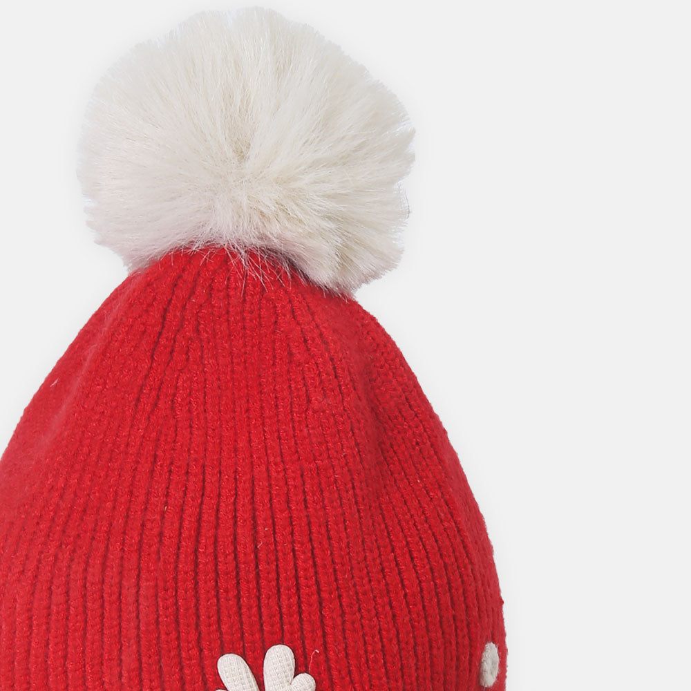 GIRL WINTER CAP COZY RED WITH POM-POM AND BOW